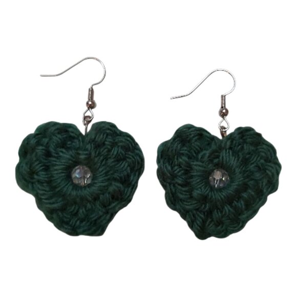 Dark Green Crochet Heart Earrings with Glass Bead • Handmade - Picture 4 of 5